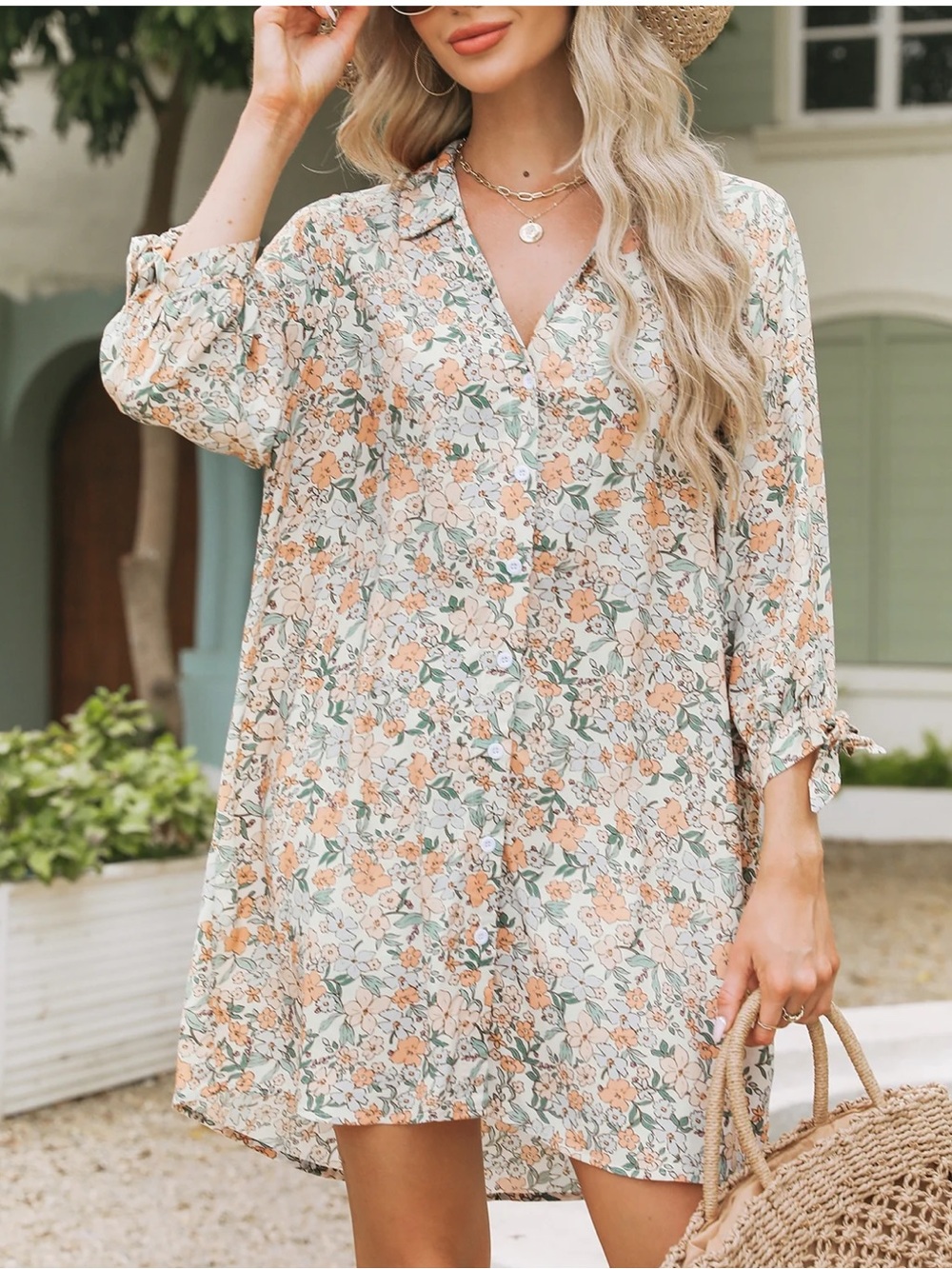 CUPSHE Floral Button-Front Beach Cover-up in Peach & Sage - S